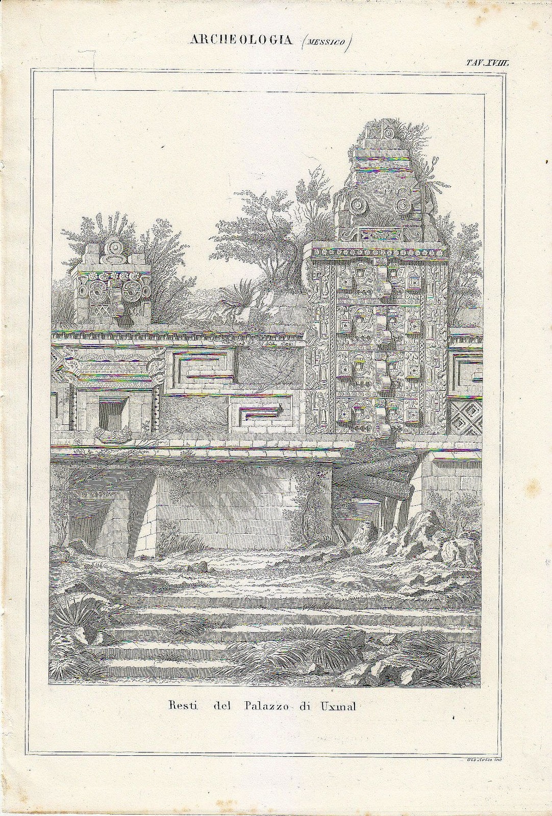 Archeologia Messico RESTI PALAZZO DI UXMAL Incisione Stampa Antica Gravure …