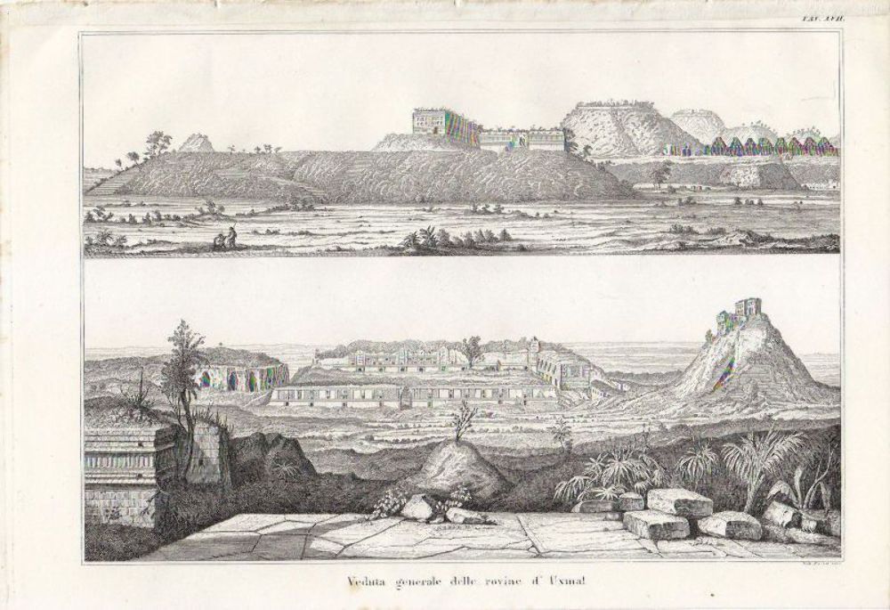 Archeologia VEDUTA GENERALE ROVINE DI UXMAL Incisione Stampa Antica Arte …