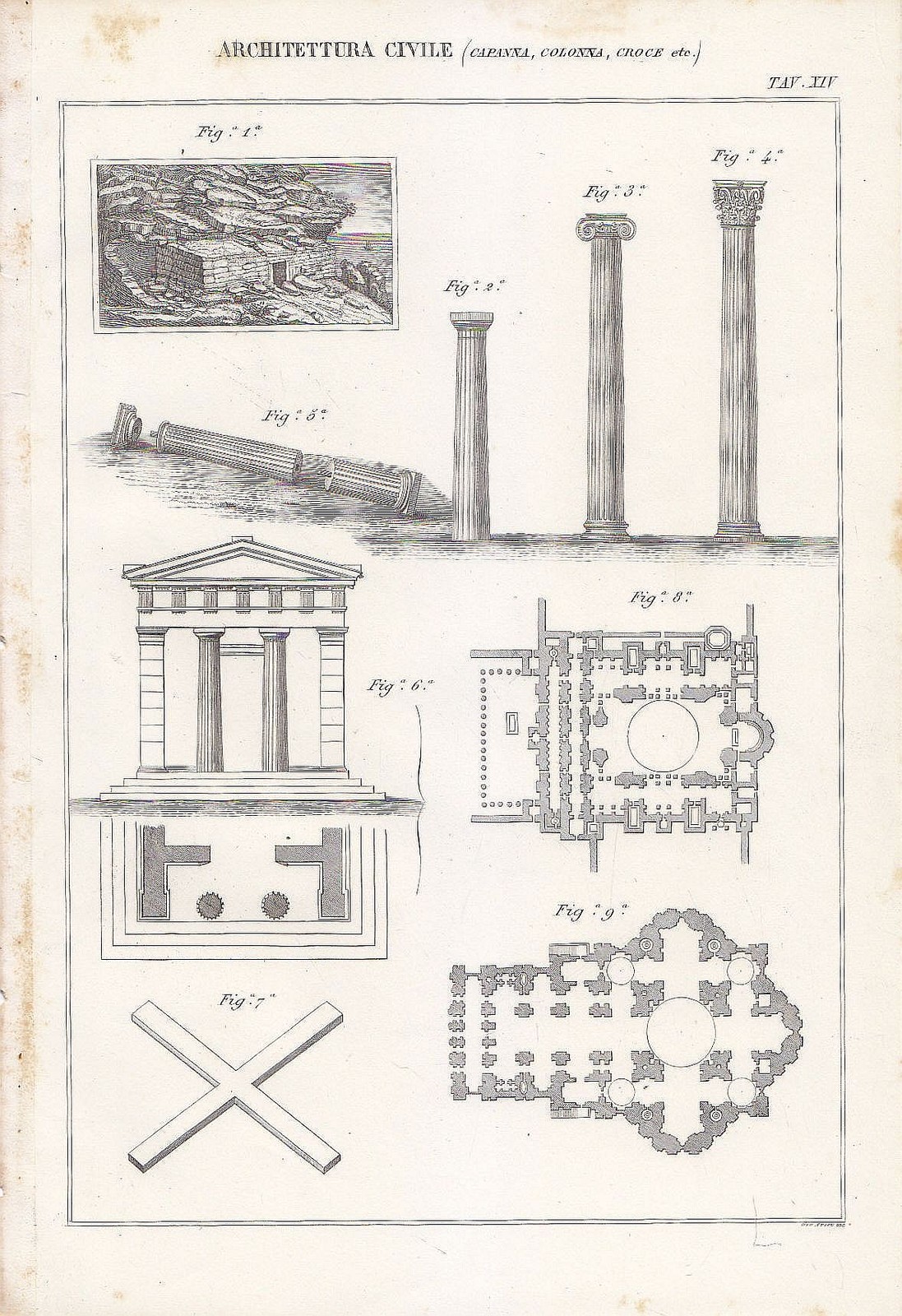 ARCHITETTURA CIVILE CAPANNA COLONNA CROCI Incisione Stampa Antica 1866 Originale
