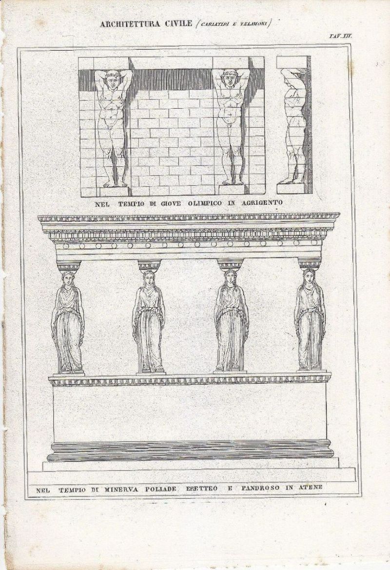 ARCHITETTURA CIVILE CARIATIDI TELAMONI Incisione Stampa Antica 1866 Originale