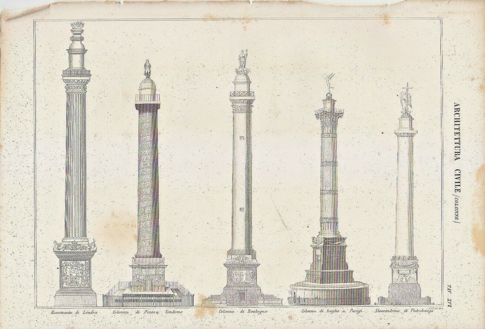 ARCHITETTURA CIVILE COLONNE LONDRA BOULOGNE 1866 Incisione Stampa Antica Vintage
