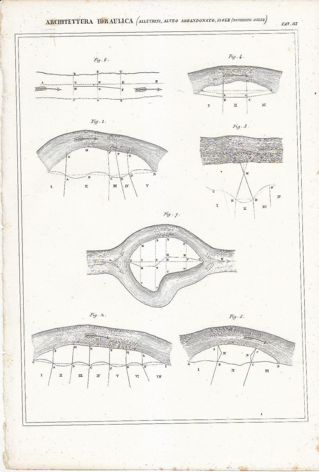 ARCHITETTURA IDRAULICA ALLUVIONI ALVEO ISOLE INCISIONE STAMPA 1866 Tavola Antica