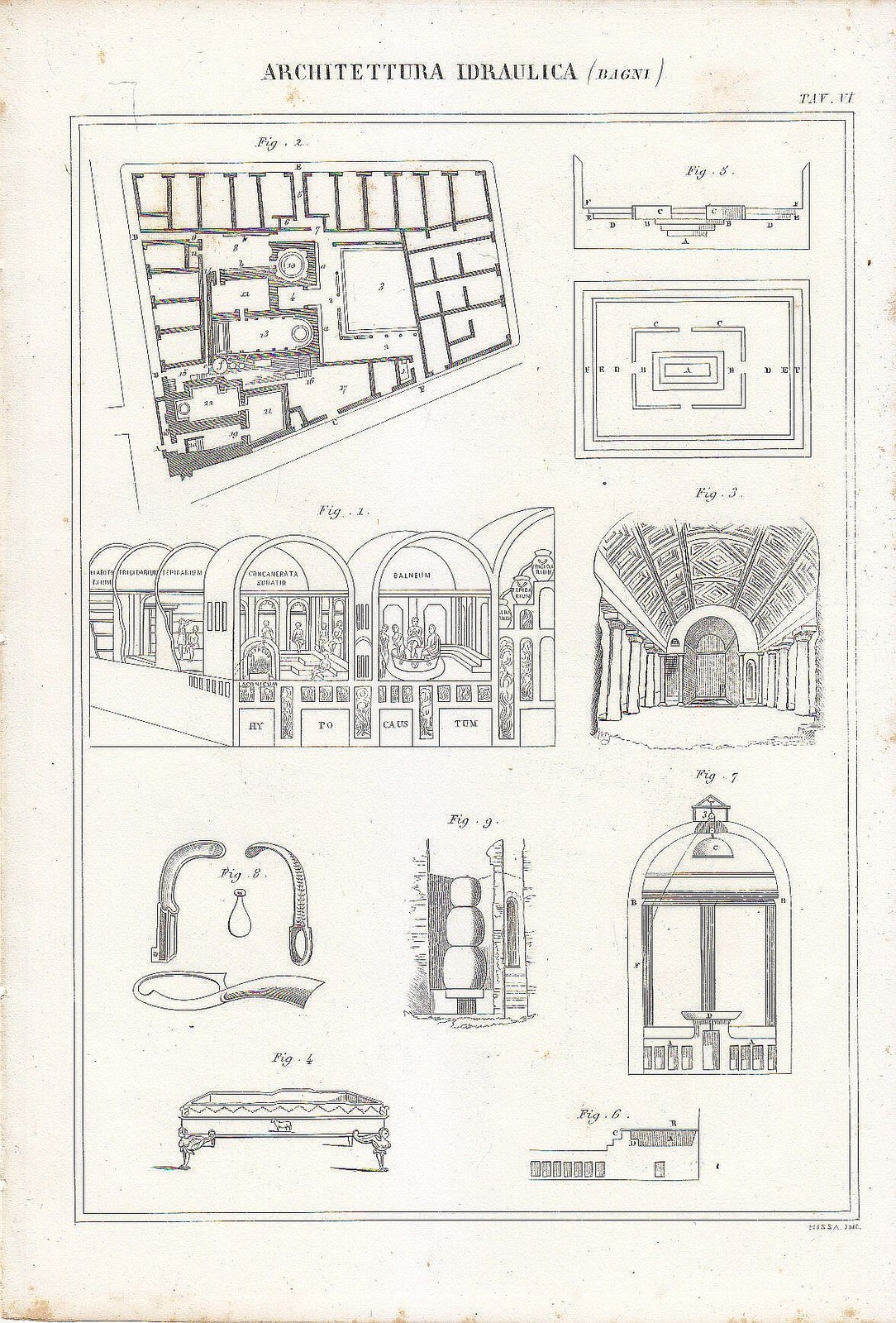 ARCHITETTURA IDRAULICA BAGNI Incisione Stampa Antica 1866 Tavola Originale
