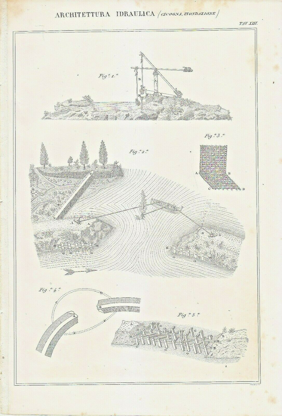 ARCHITETTURA IDRAULICA CICOGNA INONDAZIONE Incisione Stampa Antica 1866 Tavola