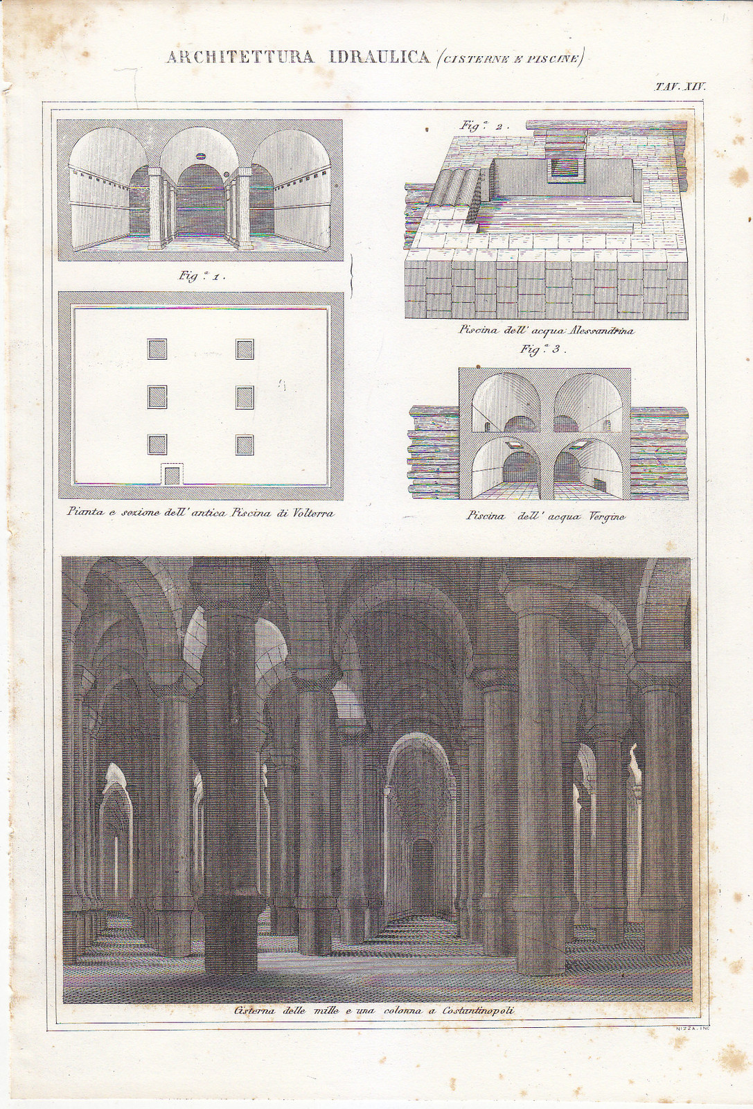 ARCHITETTURA IDRAULICA CISTERNE PISCINE Incisione Stampa Antica 1866 Tavola