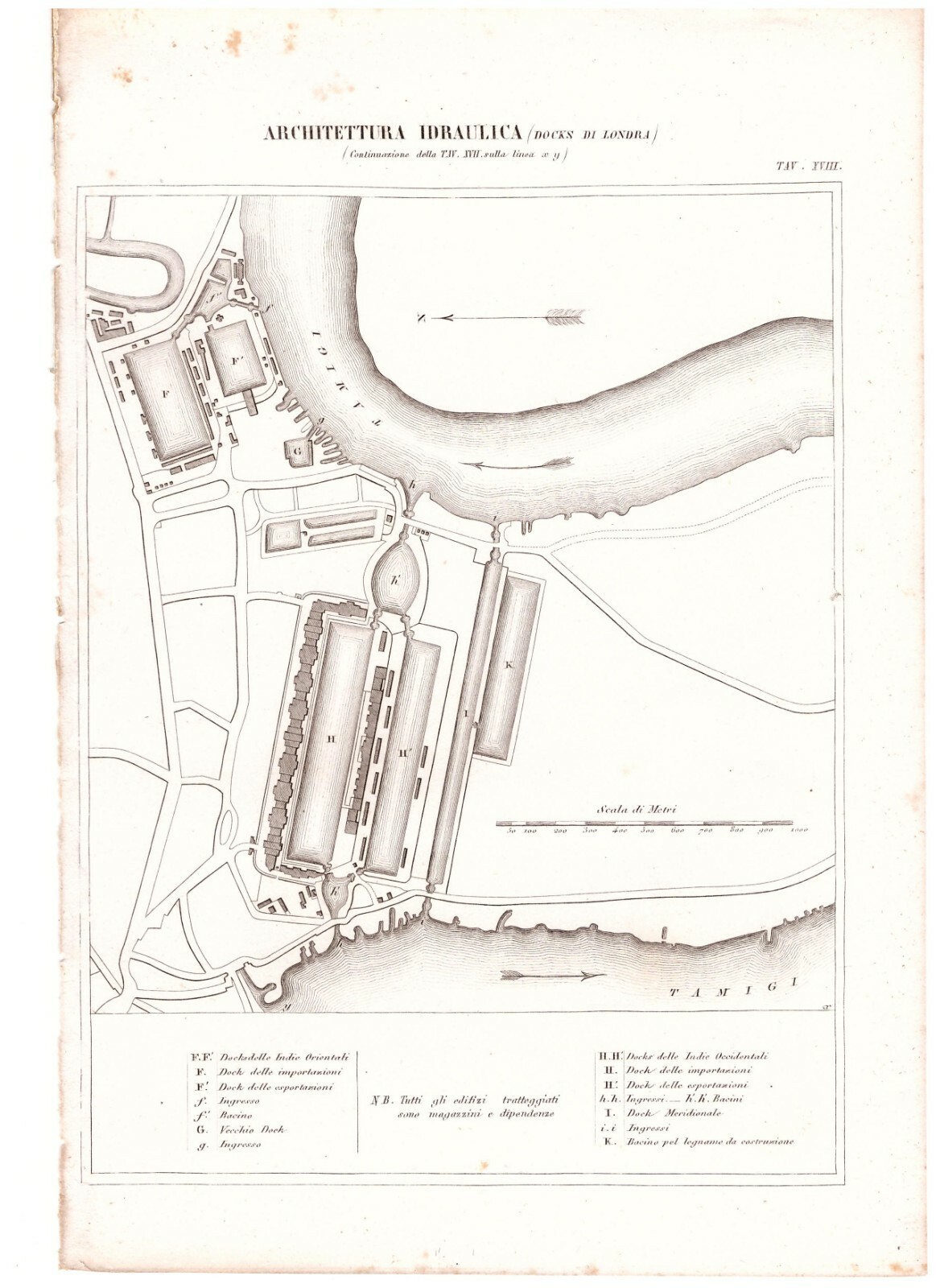 ARCHITETTURA IDRAULICA DOCKS DI LONDRA TAVOLA 18 INCISIONE STAMPA ANTICA …