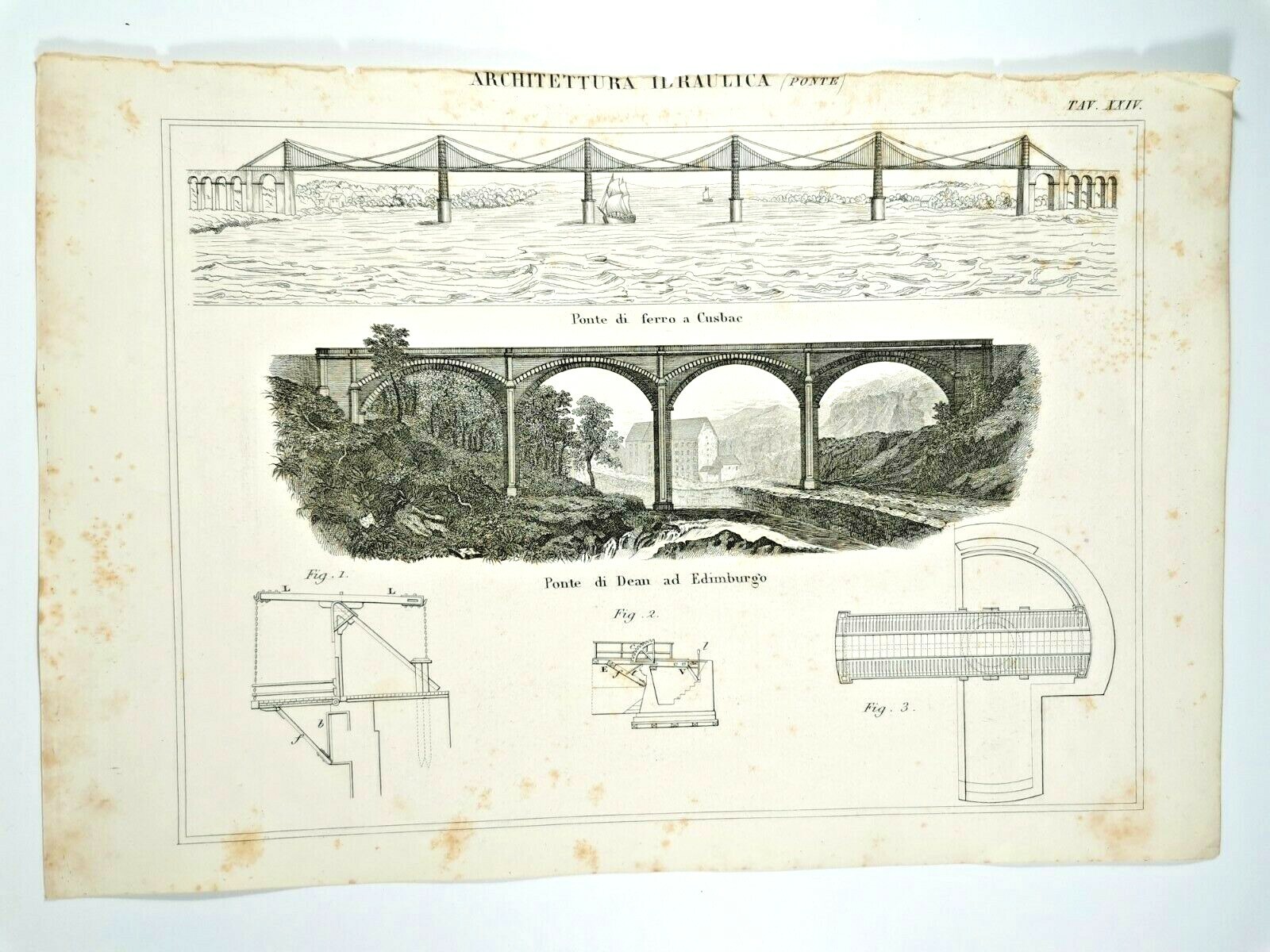 ARCHITETTURA IDRAULICA PONTE CUSBAC di DEAN Incisione Stampa 1866 Tavola …