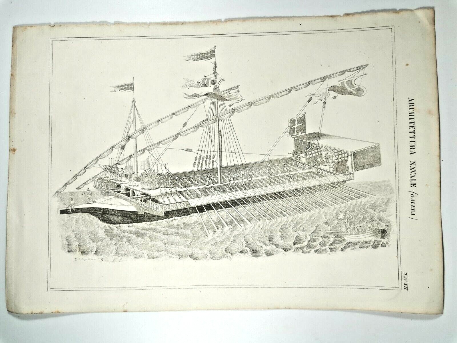 ARCHITETTURA NAVALE GALERA Incisione Stampa Rame 1866 Tavola Originale antica