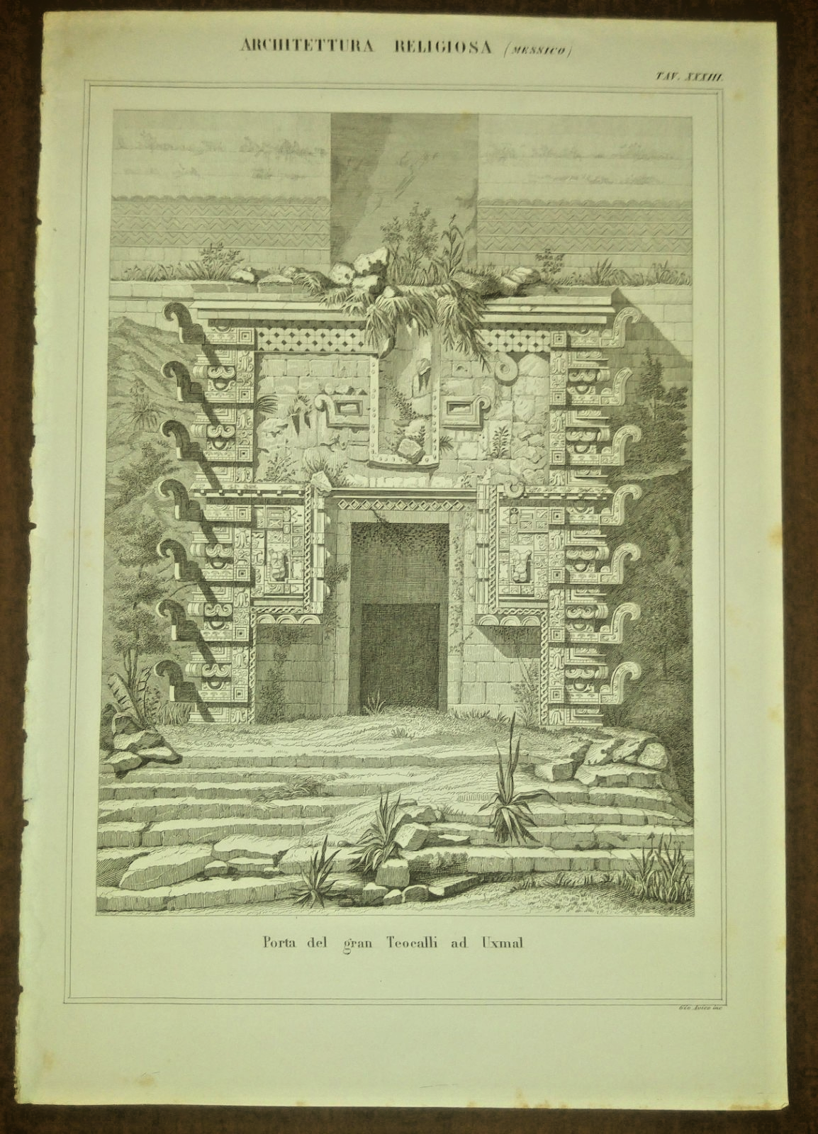 Architettura Religiosa PORTA TEOCALLI UXMAL Tavola Incisione Stampa antica 1866