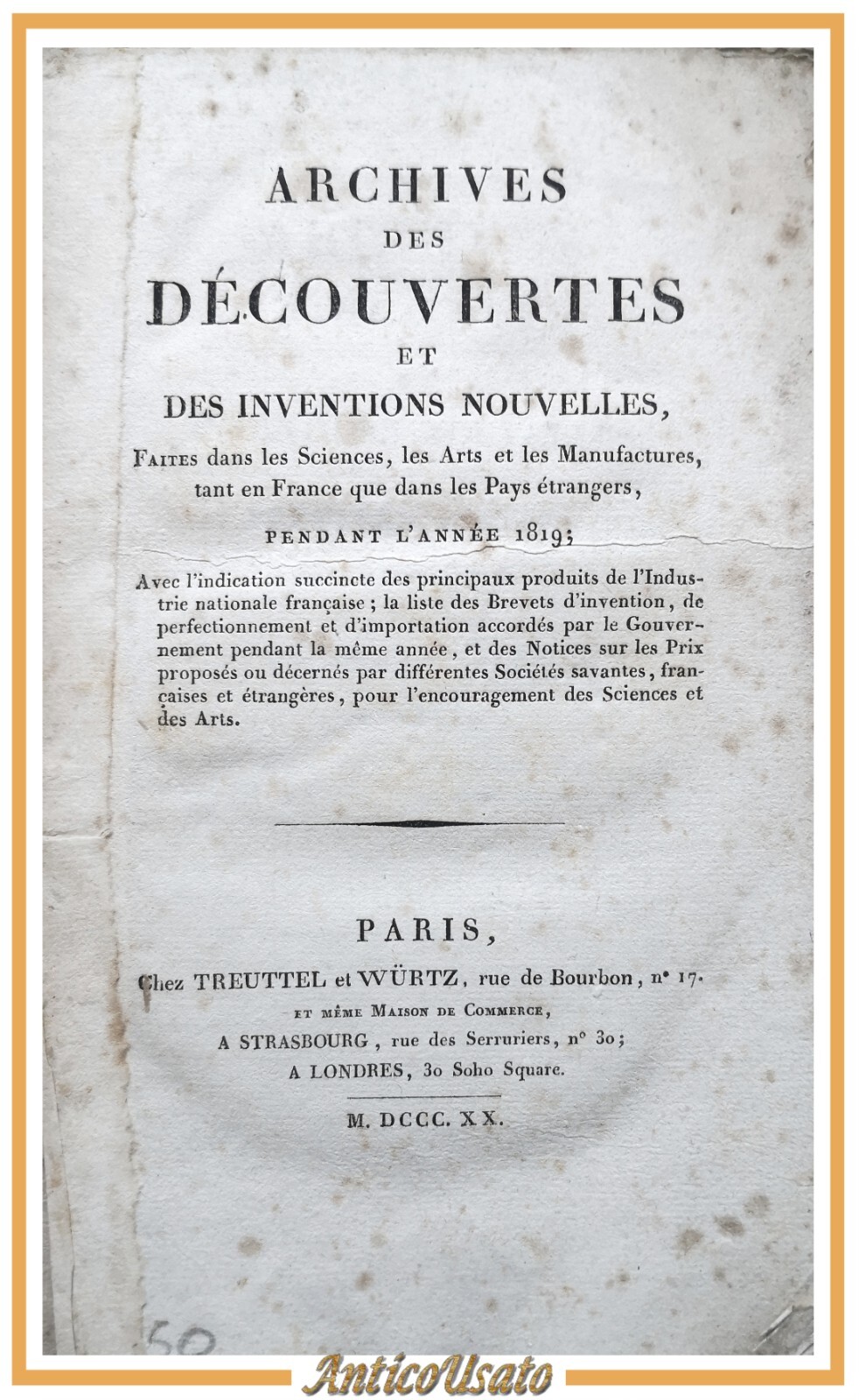 ARCHIVES DES DECOUVERTES ET DES INVENTIONS NOUVELLES 1820 Treuttel Würtz …