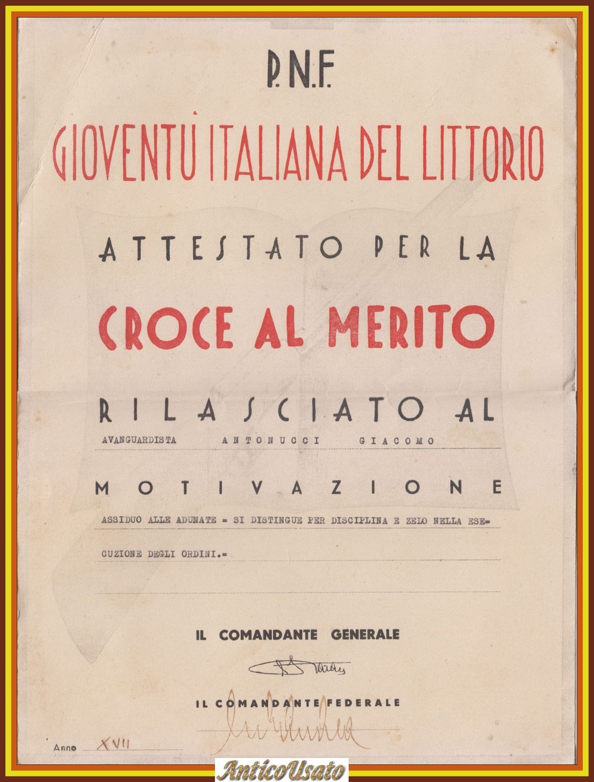 ATTESTATO PER LA CROCE AL MERITO PNF Gioventù Italiana Del …