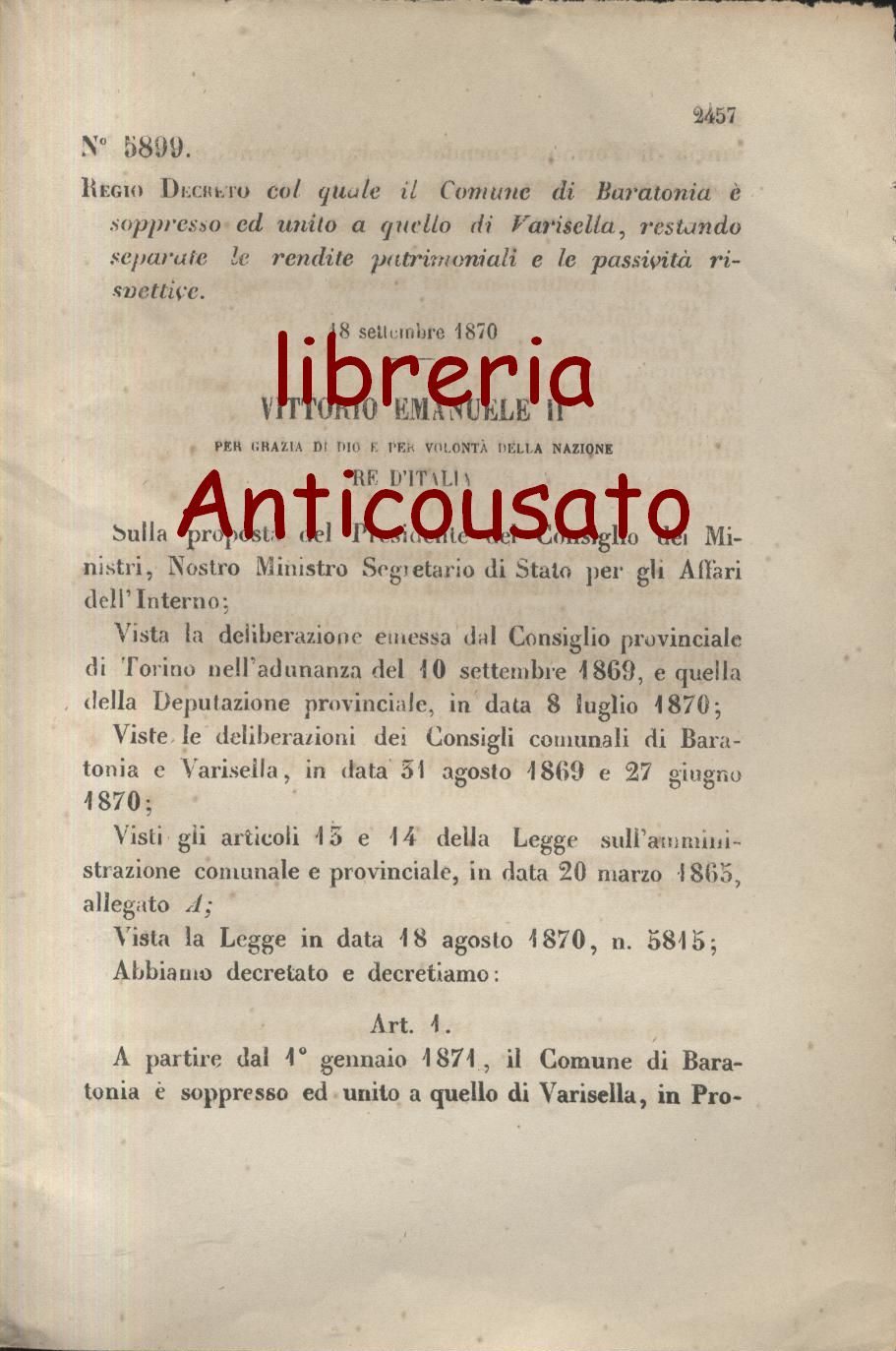 BARATONIA SOPPRESSO Regio Decreto 1870 UNITO A VARISELLA originale Antico