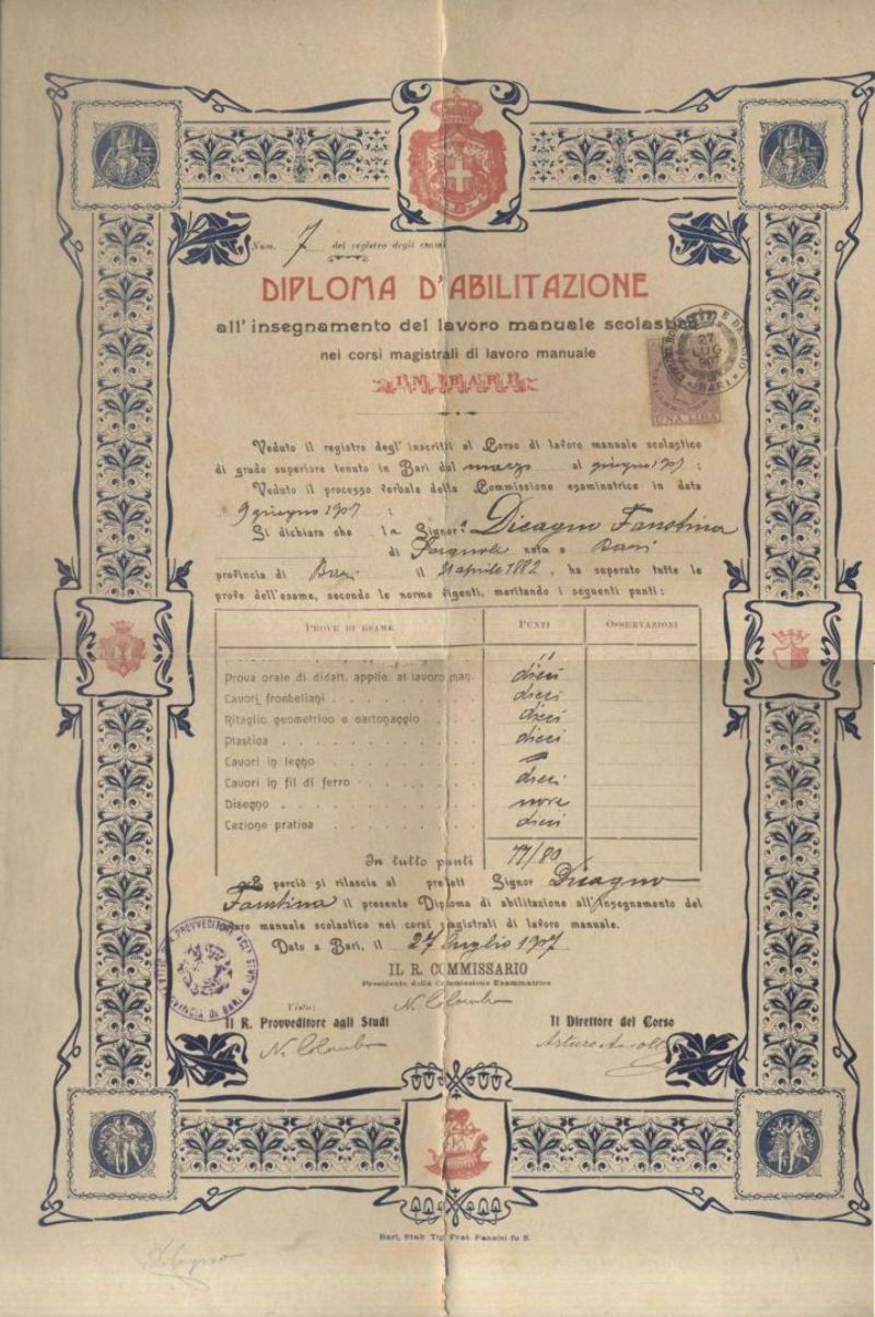 BARI 1907 DIPLOMA DI ABILITAZIONE ALL'INSEGNAMENTO del Lavoro Manuale Magistrale