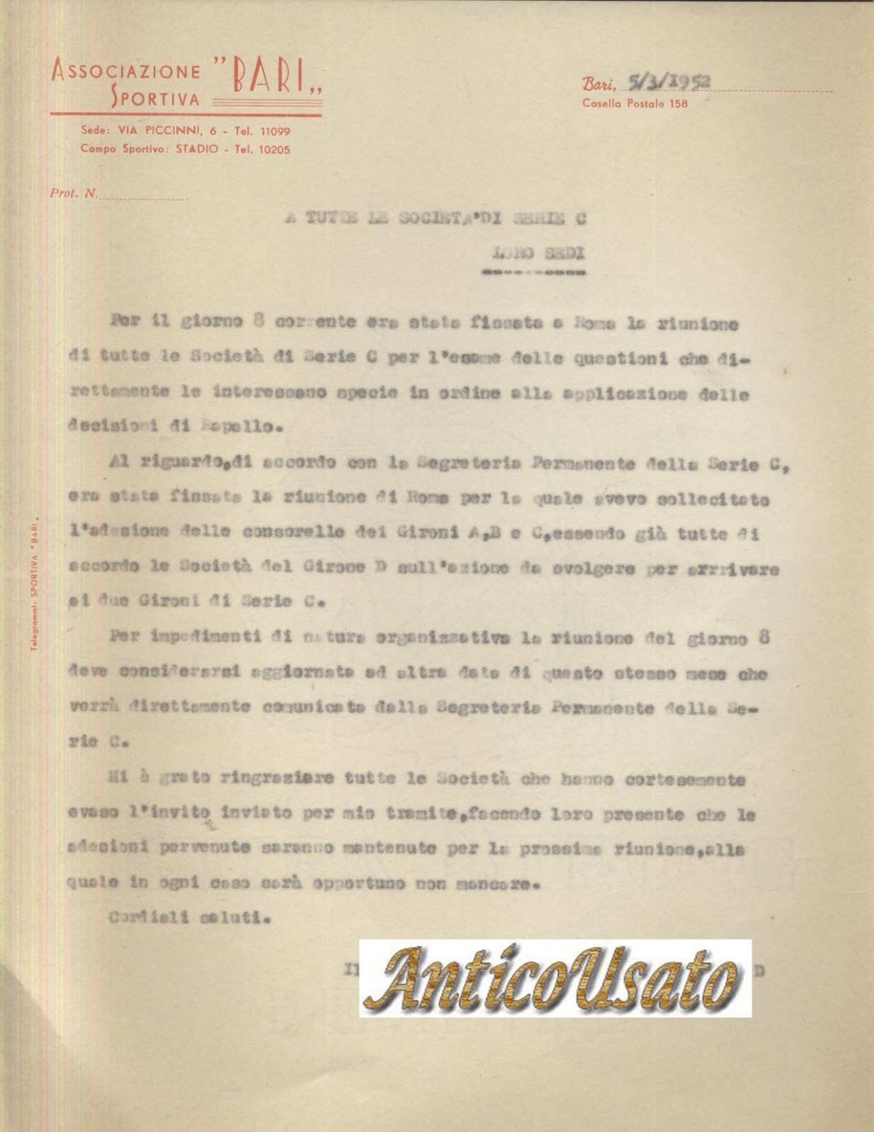 Bari Calcio lettera intestata 1952 riunione squadre serie C associazione …