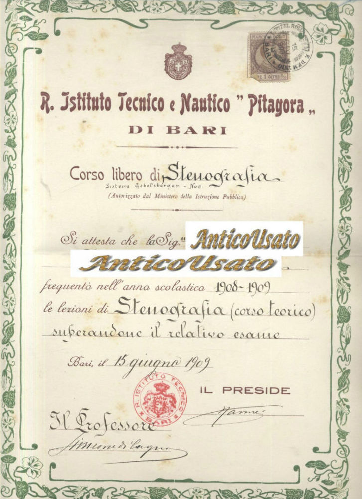 BARI ISTITUTO TECNICO NAUTICO PITAGORA 1909 ORIGINALE DIPLOMA STENOGRAFIA Vintag