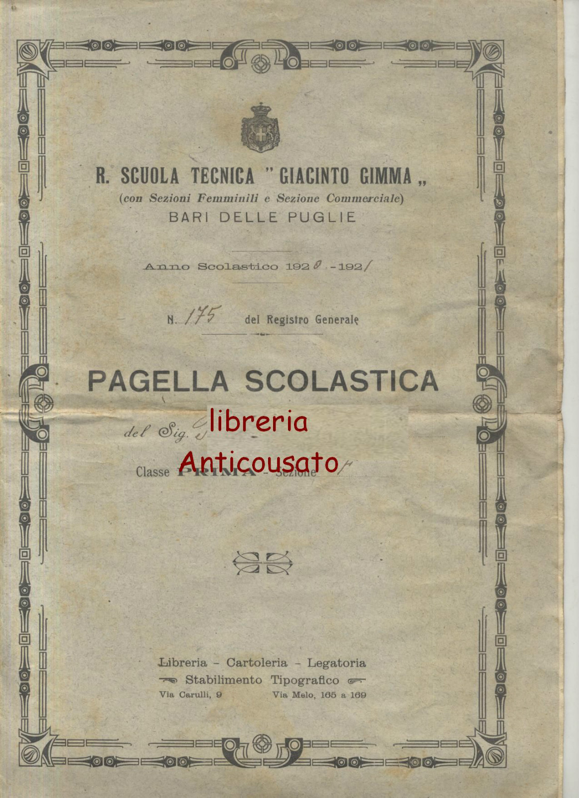 BARI PAGELLA SCOLASTCA SCUOLA TECNICA GIACINTO GIMMA 1920 1921 Originale …