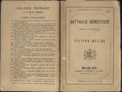BATTAGLIE DOMESTICHE di Filippo Melisa 1875 Barbini Teatro libro antico …