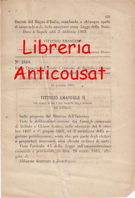BELLEDO E CHIUSO RIUNITI IN UNO SOLO 1869 REGIO DECRETO …