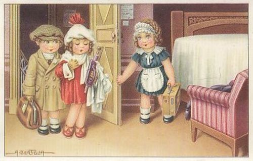 BERTIGLIA BAMBINI CAMERIERA Cartolina Non Viaggiata Vintage d'epoca Illustrata