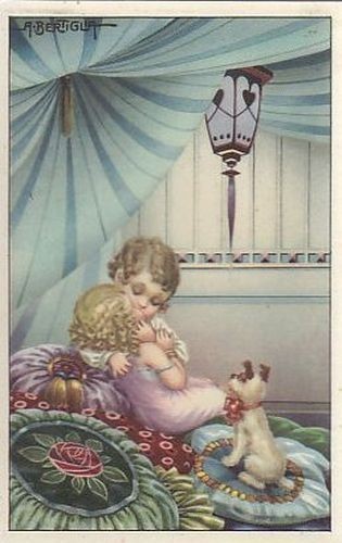 BERTIGLIA CARTOLINA BAMBINI CHE SI BACIANO Vintage illustrata d'epoca postcard