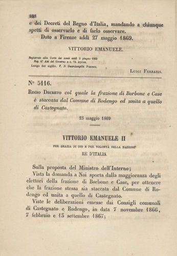 BORBONE E CASE - REGIO DECRETO 1869 RODENGO CASTAGNETO vittorio …