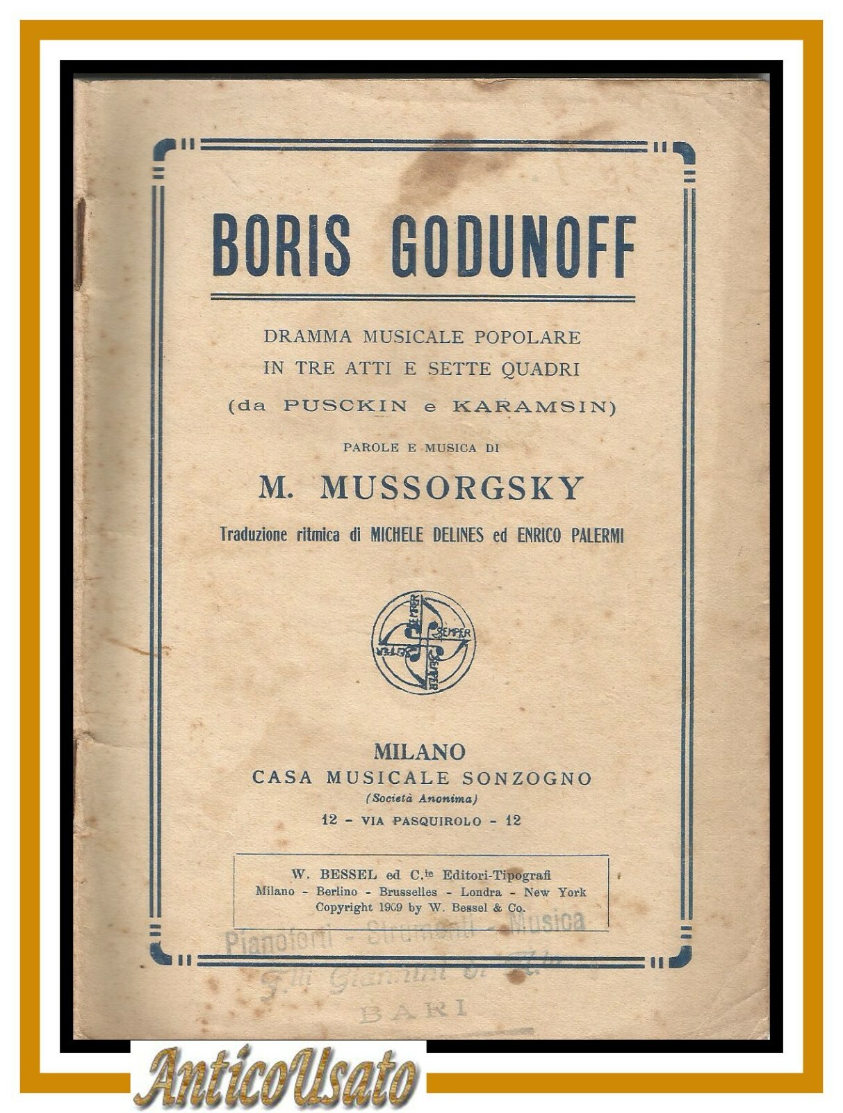 BORIS GODUNOFF di Mussorgsky lbretto d'opera solo testo Sonzogno vintage …