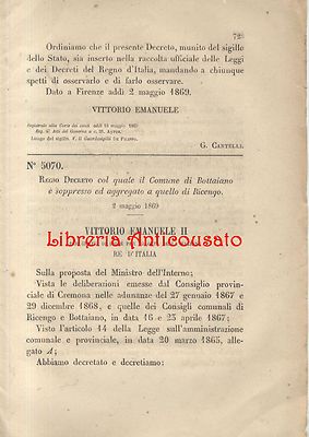 Bottaiano Soppresso Regio Decreto 1869 Aggregato a Ricengo Cremona Originale
