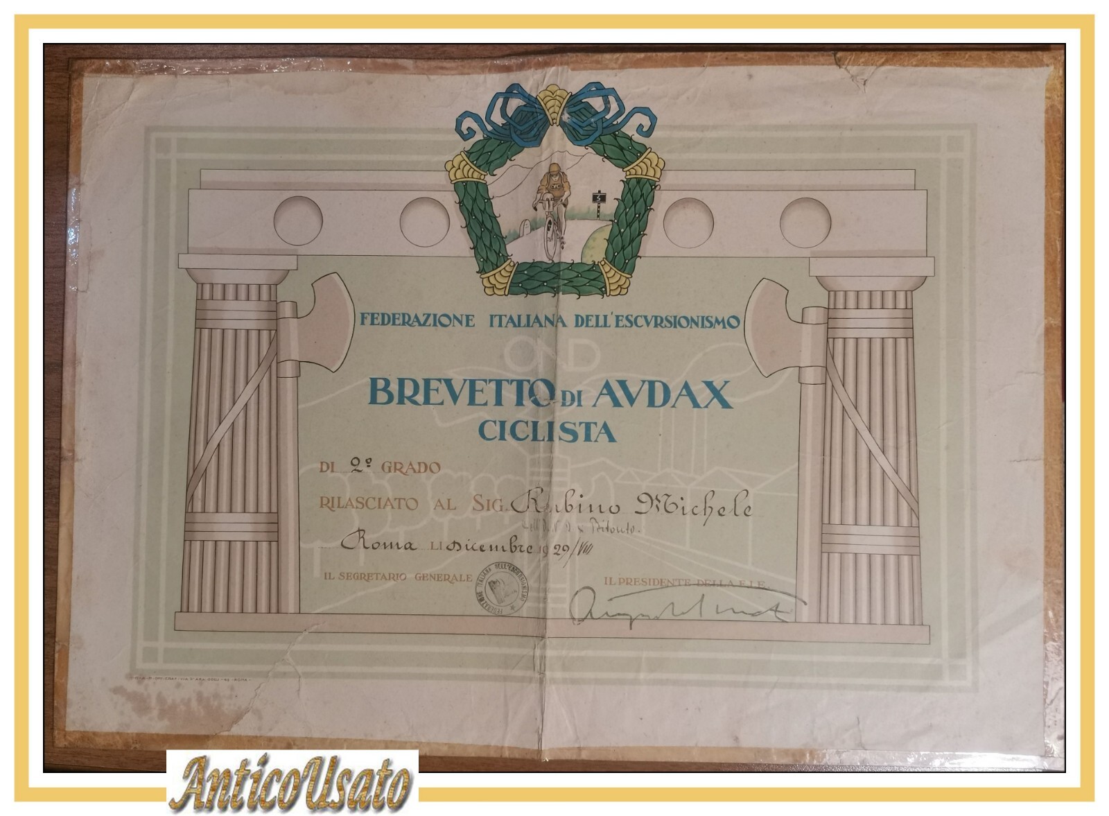BREVETTO DI AUDAX CICLISTA Diploma Federazione Italiana dell'escursionismo 1929