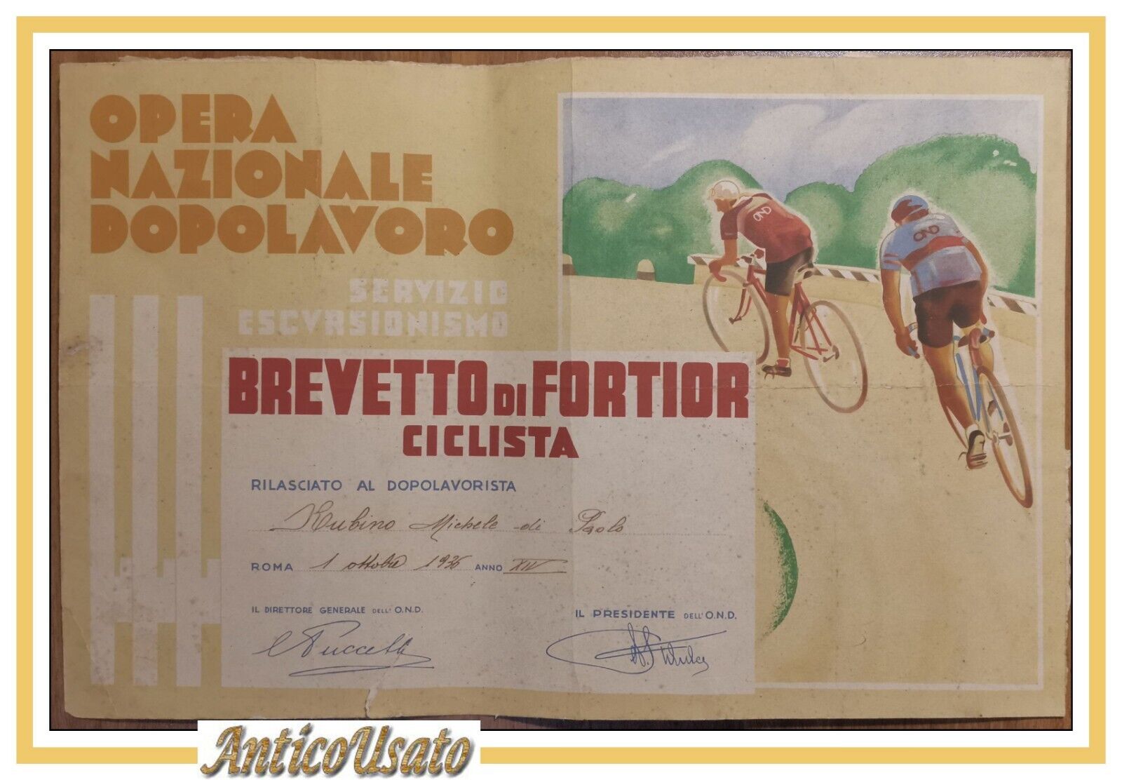 BREVETTO DI FORTIOR CICLISTA Diploma Opera Nazionale Dopolavoro 1936 Ciclismo
