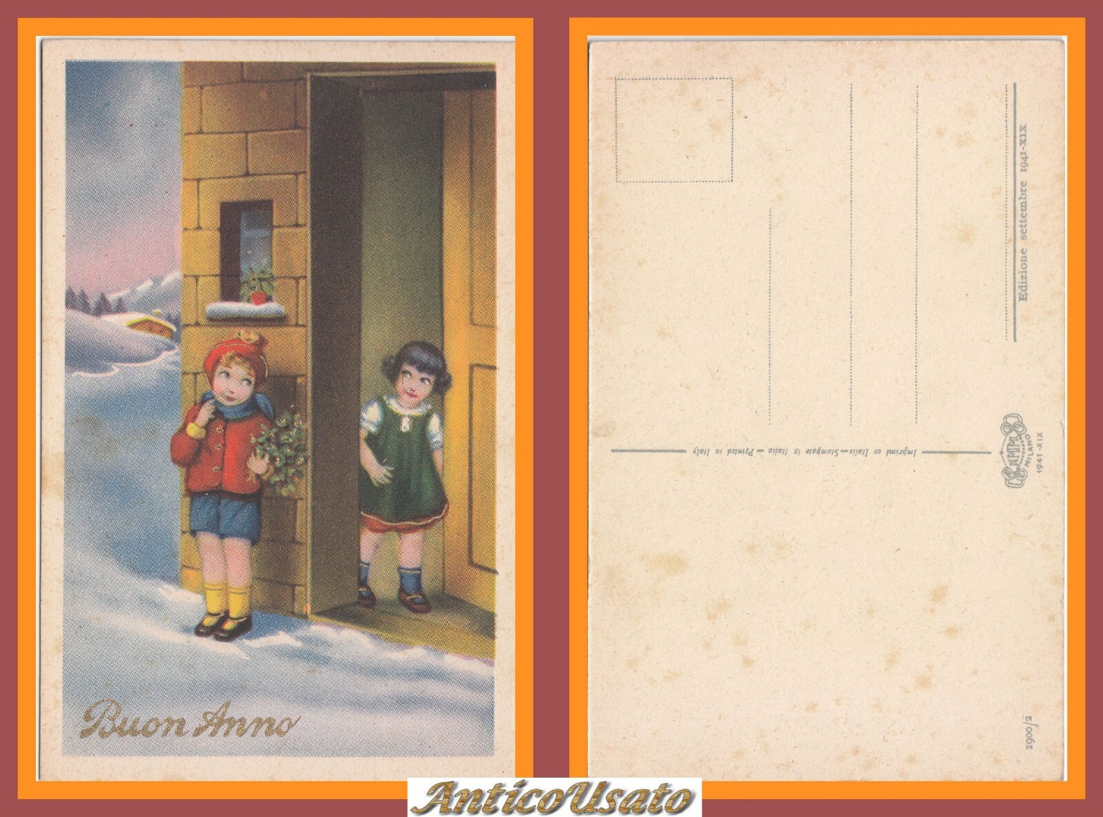 BUON ANNO 1941 Cartolina Vintage d'epoca Illustrata bambini Non Viaggiata