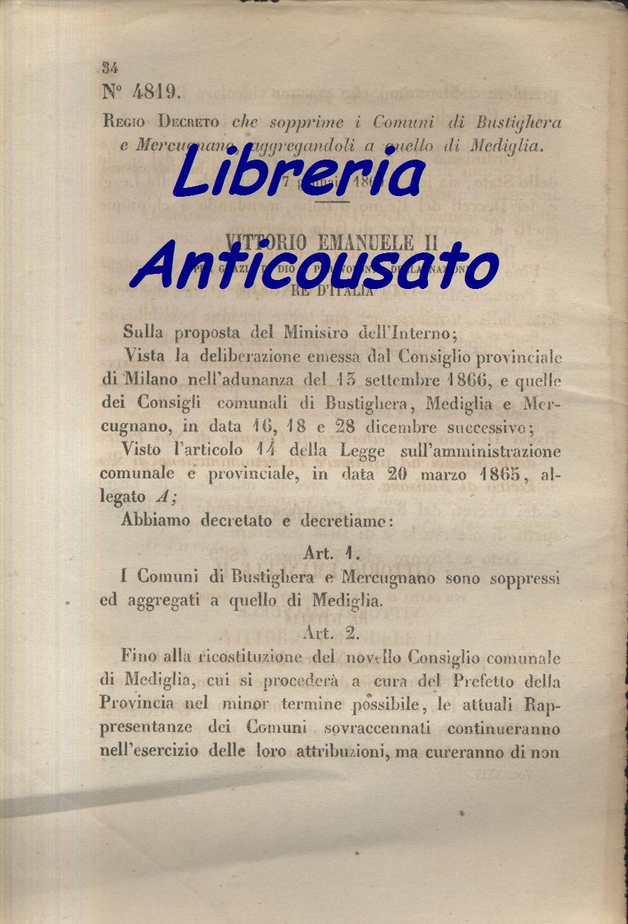 BUSTIGHERA MERCUGNANO REGIO DECRETO 1869 MEDIGLIA SAN PIETRO DEGLI SCHIAVI …