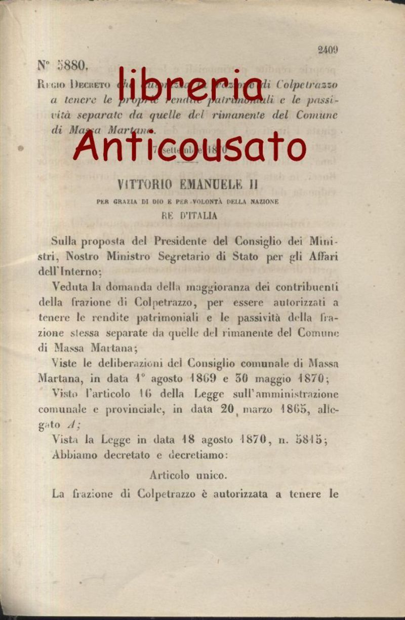 CALPETRAZZO REGIO DECRETO 1870 RENDITE PATRIMONIALI SEPARATE MASSA MARTANO