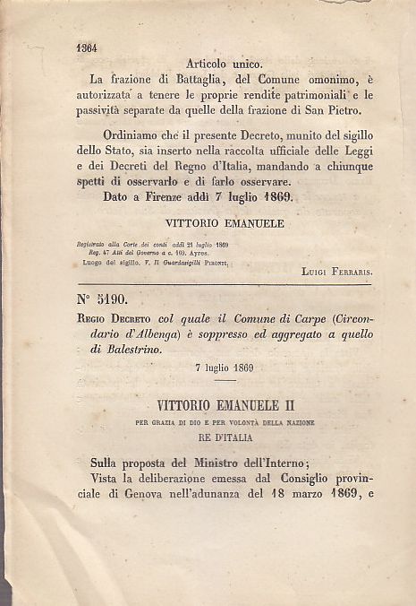 CARPE CIRCONDARIO D'ALBENGA SOPPRESSO REGIO DECRETO 1869 AGGREGATO BALESTRINO
