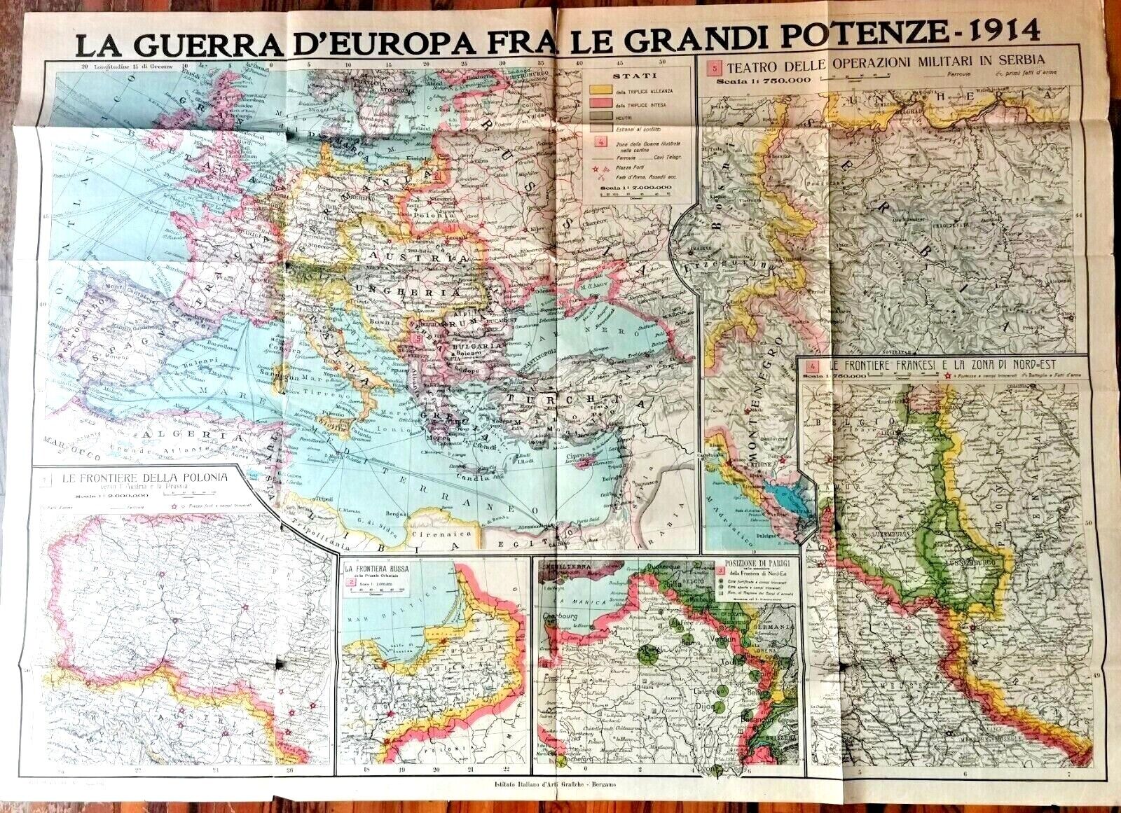 CARTA GEOGRAFICA Mappa LA GUERRA D'EUROPA I Mondiale 1914 Serbia …