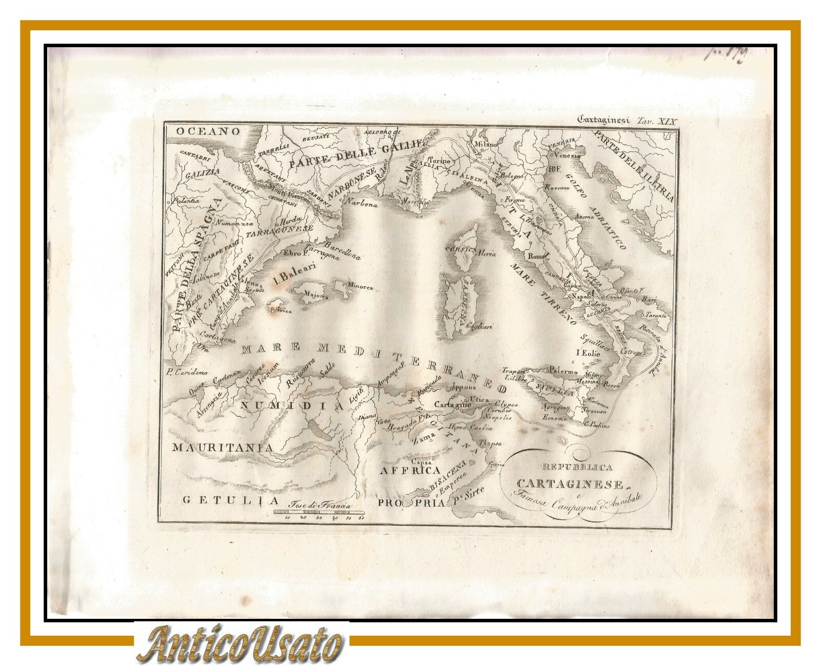 CARTA GEOGRAFICA MEDITERRANEO ITALIA primi 800 incisione stampa antica Cartagine