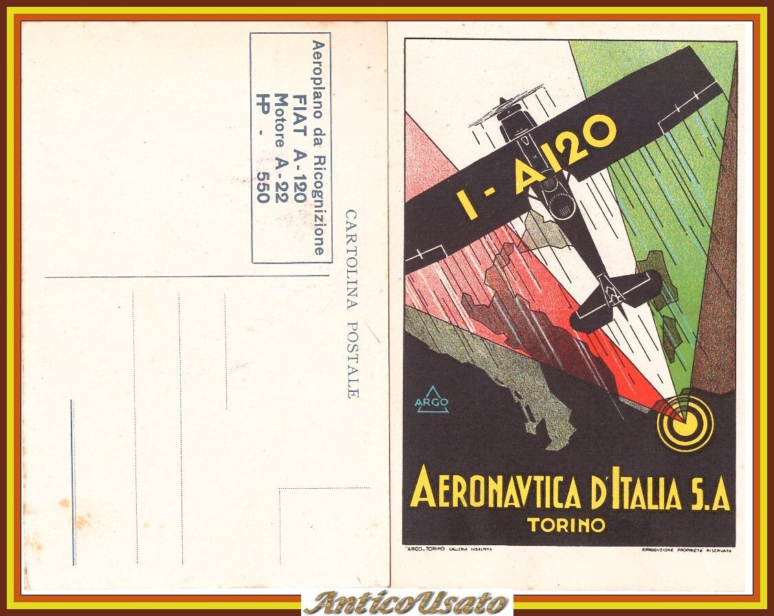 CARTOLINA Aeronautica Italiana Torino Aeroplano da ricognizione Fiat A120 Vintag