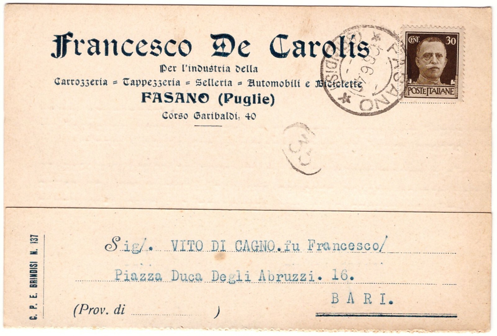 Cartolina Francesco De Carolis - Fasano viaggiata Vintage Postcard Carte …
