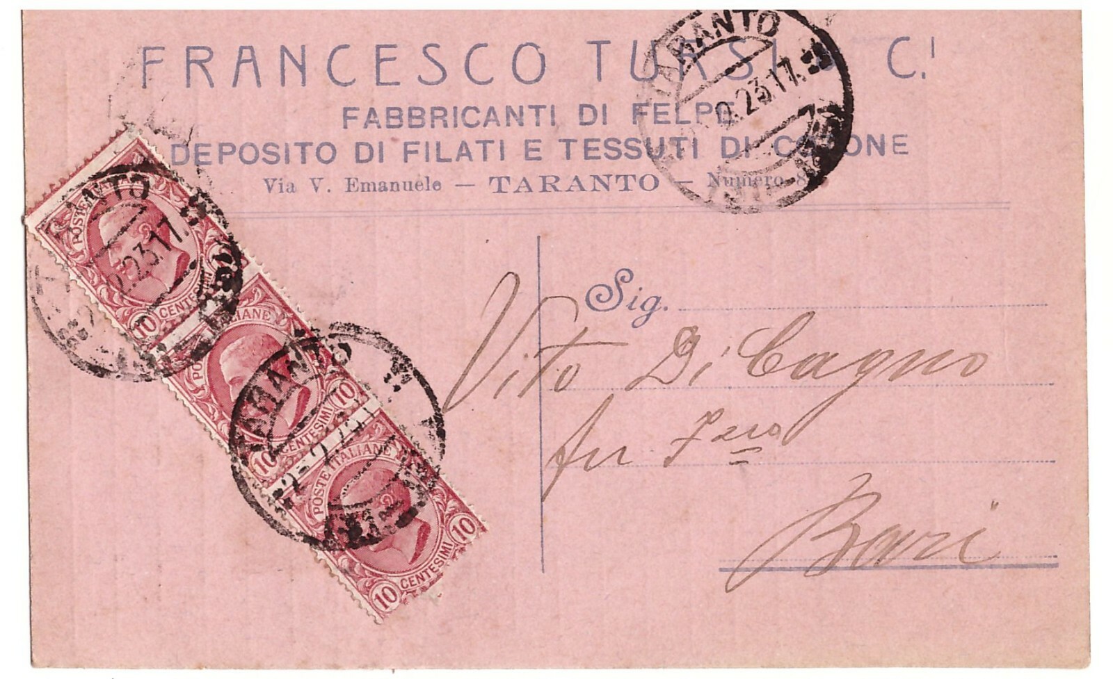 Cartolina Francesco Tursi - Taranto viaggiata 1923 f.to piccolo tessuti …