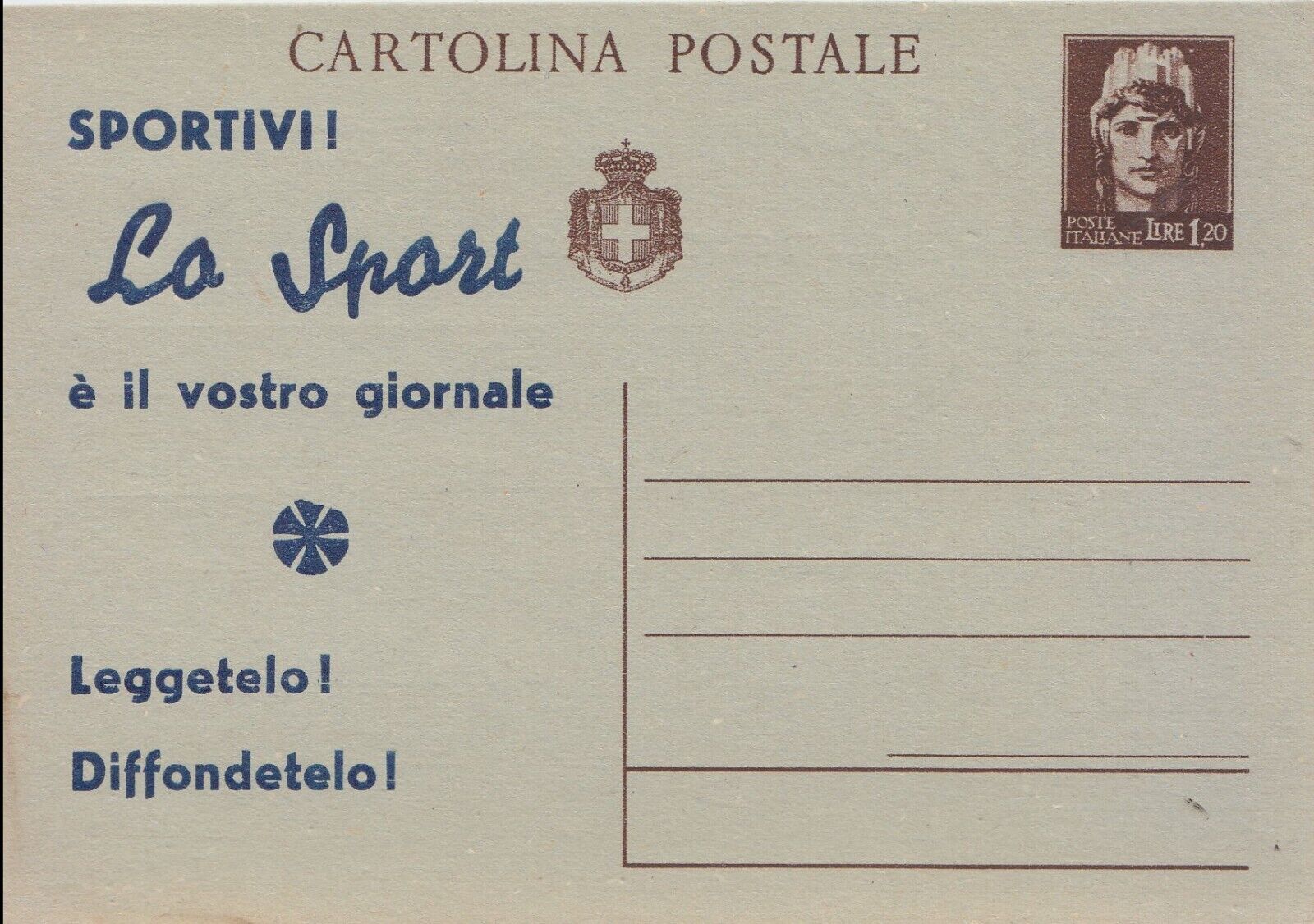 CARTOLINA Giornale LO SPORT di Bari postale pubblicitaria lire 1,20 …