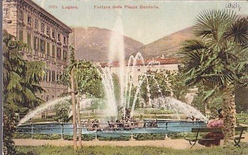 Cartolina LUGANO FONTANA DELLA PIAZZA BANDORIA 1911 VIAGGIATA Postcard Vintage