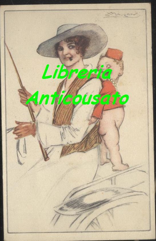 Cartolina Mauzan Viaggiata 1917 Illustrata A Colori Originale Vintage Donnina