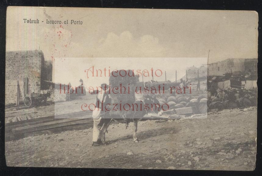 CARTOLINA TOBRUK lavoro al porto VIAGGIATA anni '20 animata postcard …