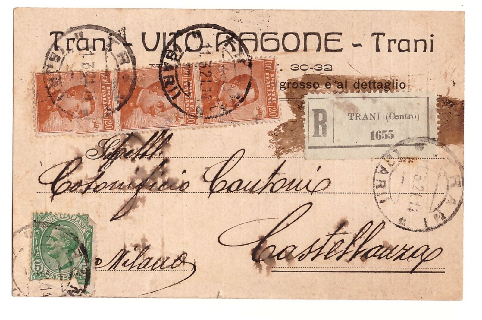 Cartolina Vito Ragone - Trani viaggiata 1921 Vintage Postcard
