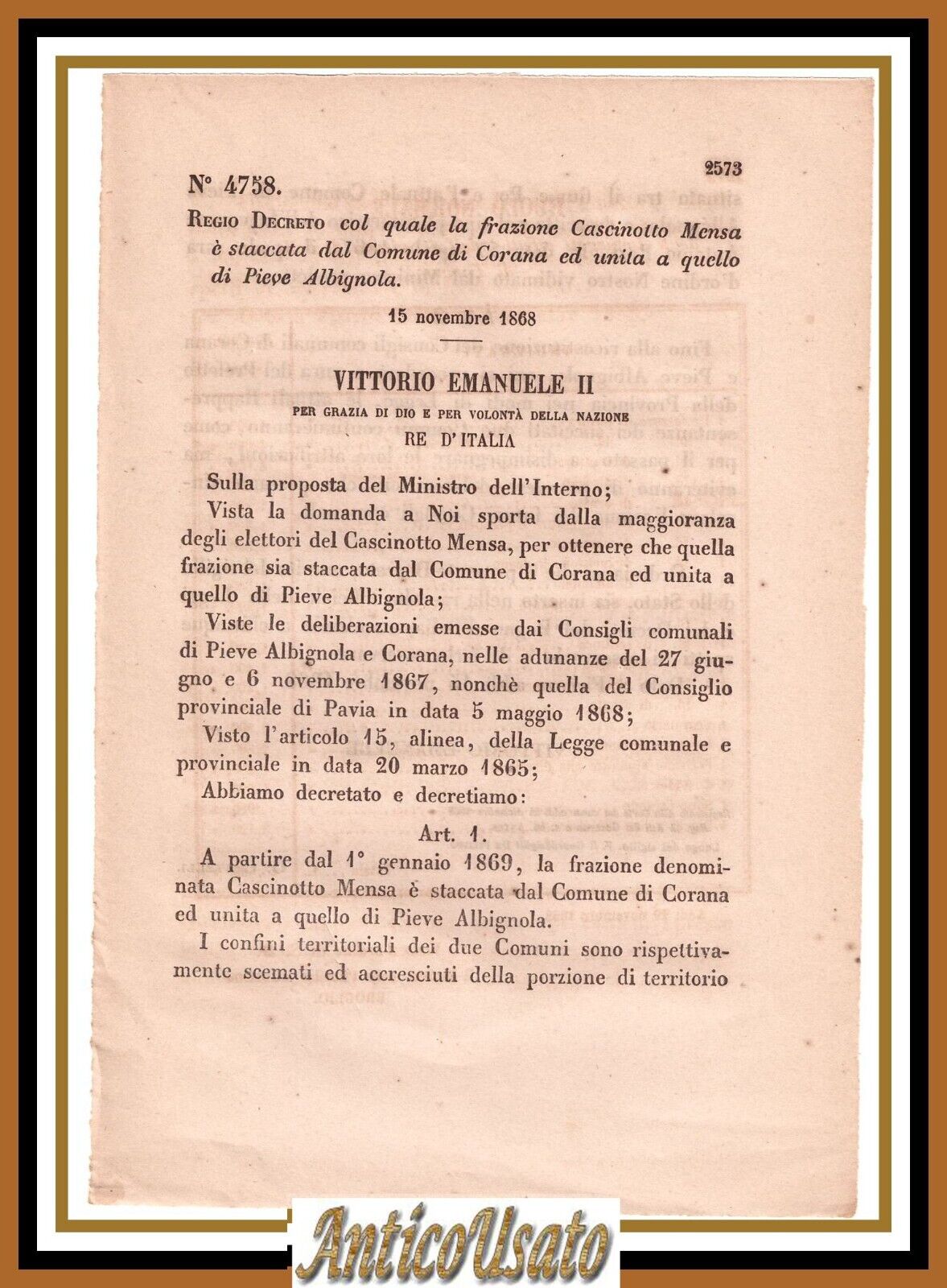 CASCINOTTO MENSA Regio Decreto CORANA PIEVE ALBIGNOLA 15 novembre 1868 …