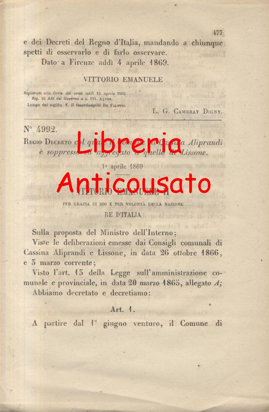 CASSINA ALIPRANDI SOPPRESSO Regio Decreto 1869 LISSONE originale d'epoca antico