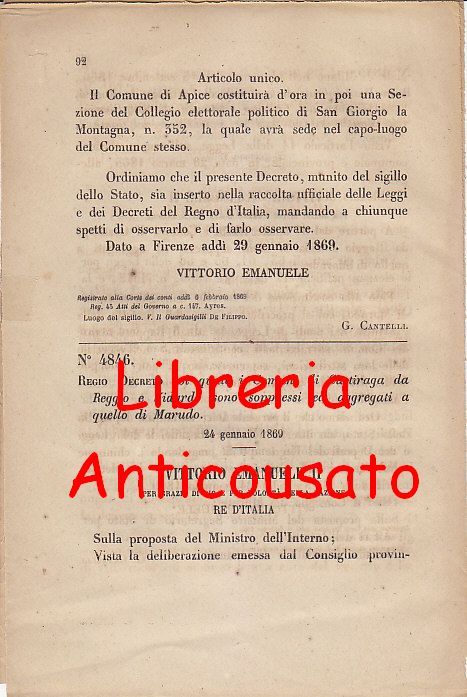 CASTIRAGA DA REGGIO E VIDARDO SOPPRESSI - REGIO DECRETO 1869 …
