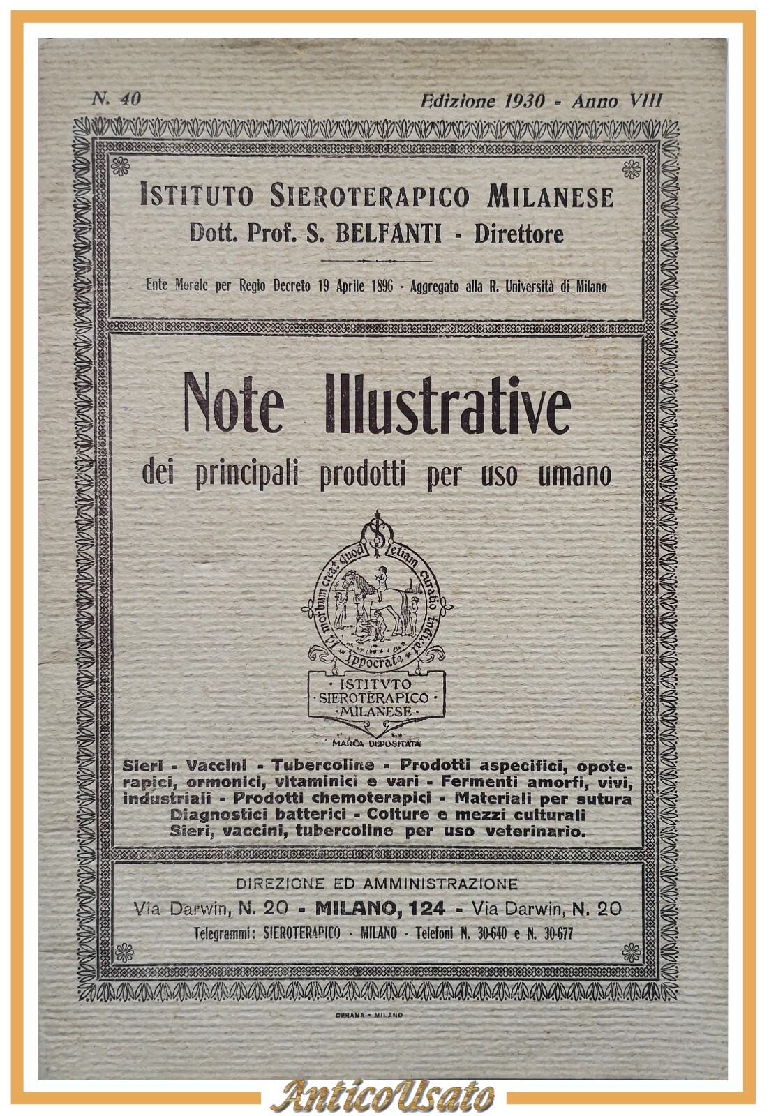 Catalogo 1930 istituto sieroterapico NOTE ILLUSTRATIVE PRINCIPALI PRODOTTI umano
