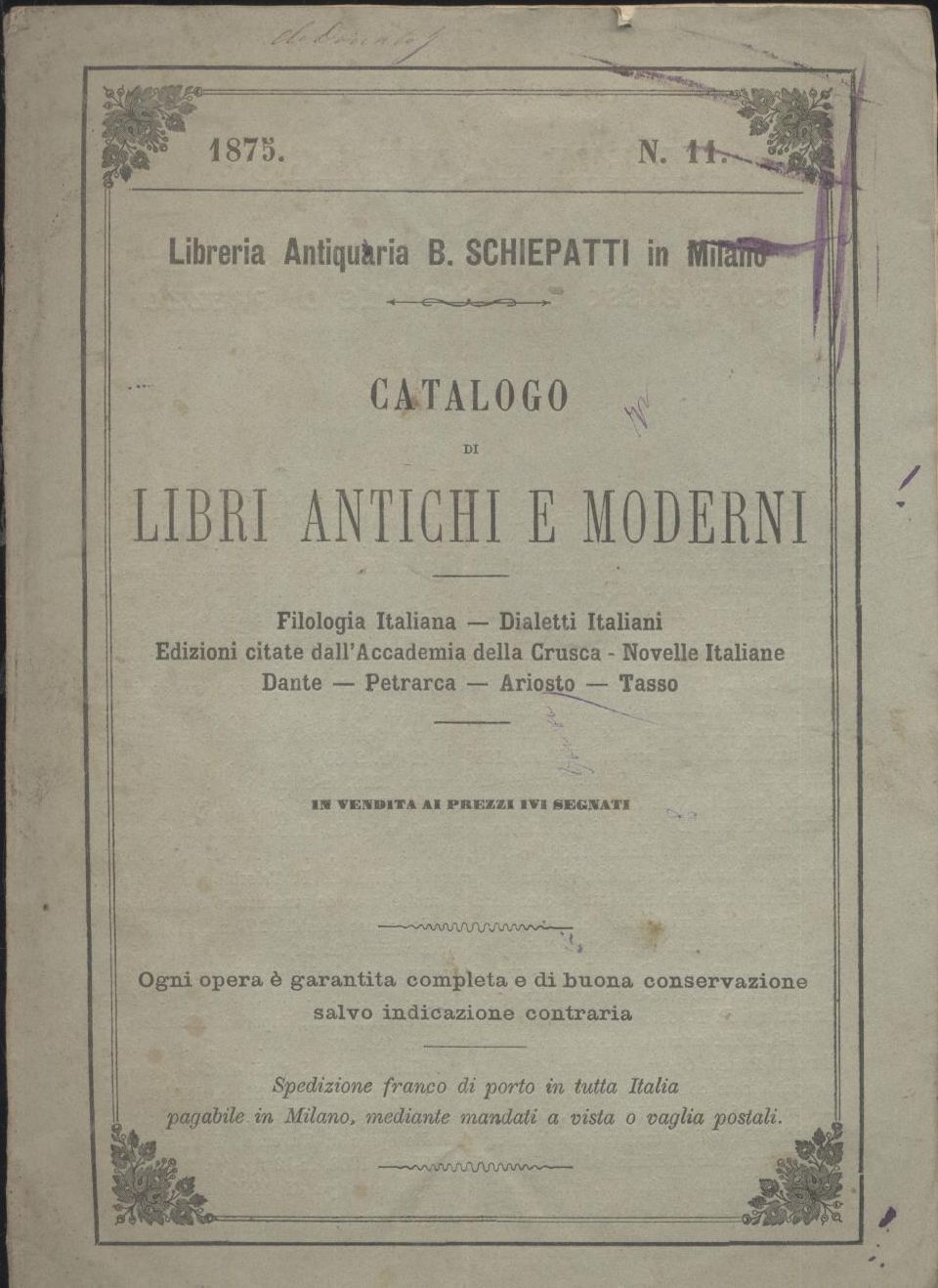 CATALOGO LIBRI ANTICHI MODERNI libreria antiquaria Schiepatti 1875 Milano
