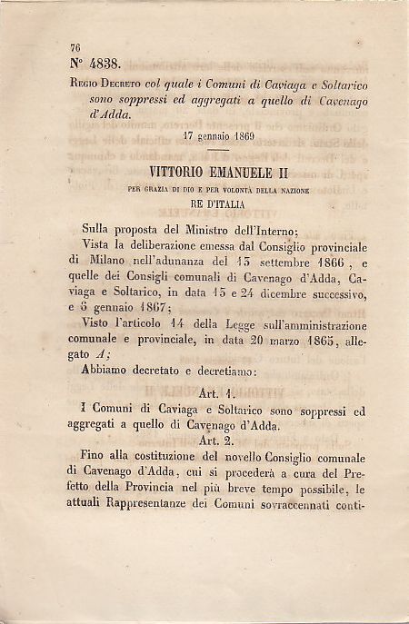 CAVIAGA SOLTARICO SOPPRESSI Regio Decreto 1869 CAVENAGO D'ADDA originale d'epoca