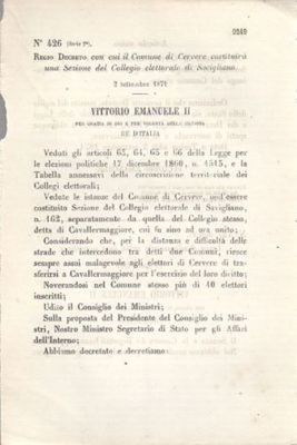 CERVERE COMUNE SAVIGLIANO Regio Decreto 2 settembre 1871 ORIGINALE REGNO …